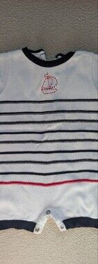 White & Navy Striped Kids Romper with Red Accent Feltman Brothers